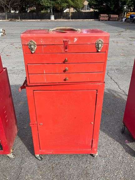Red Metal Rolling Tool Chest with Drawers and Cabinet