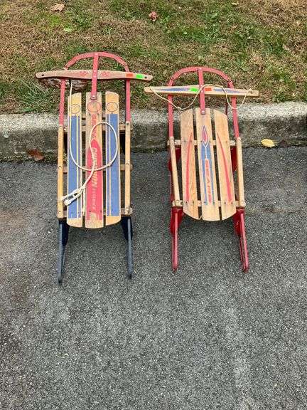 Two Vintage Wooden Sleds with Painted Designs