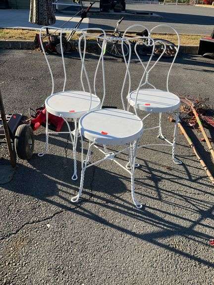 Three White Metal Bistro Chairs with Curved Backrests