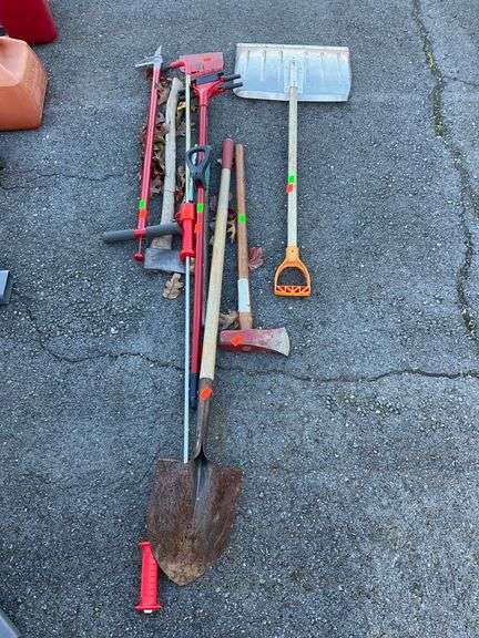 Yard Tools Including Splitting Maul, Shovel, Axe, and Weeder Puller