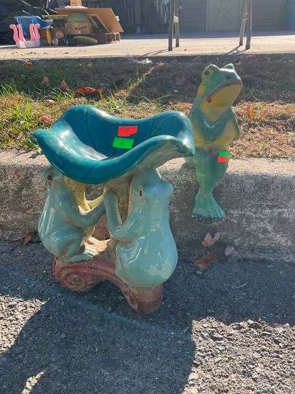 Cement Frog Sculpture and Ceramic Frog Planter