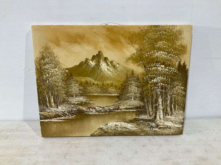 Landscape Oil Painting on Canvas Depicting Mountain and Lake Scene, 16× ...