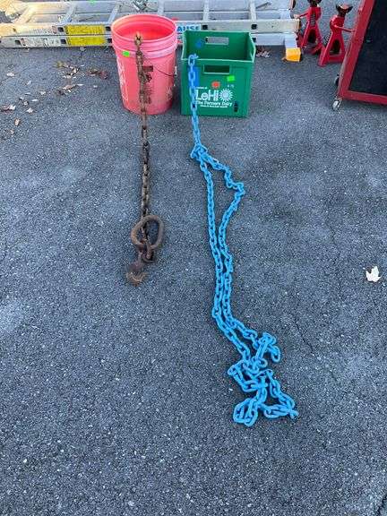 Two Metal Chains Including Rusted and Blue Painted Options