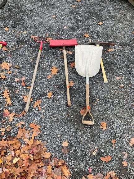 Hand Tools Including Pitchfork, Scoop Grain Shovel, and Pickaxe