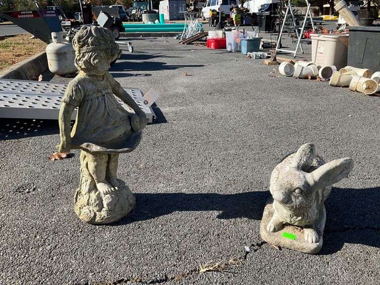 Cement Bunny and Girl Sculptures, 7″ and 20″ Heights Respectively