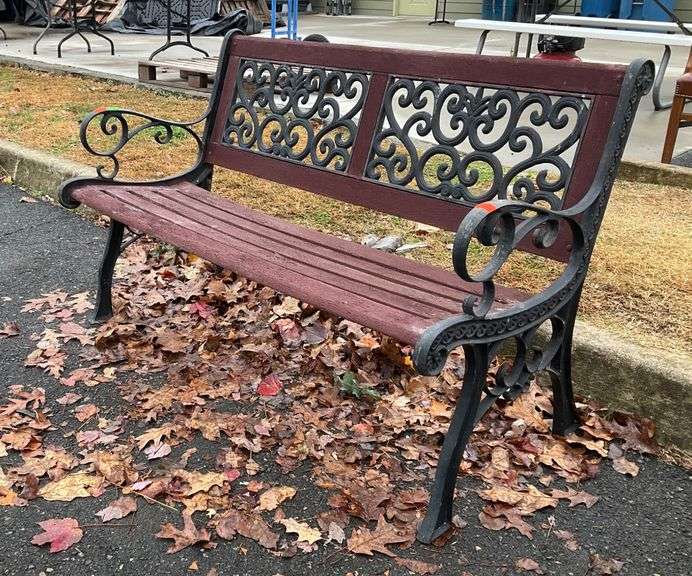 Cast Iron and Wooden-Slatted Outdoor Bench With Scrollwork Arms
