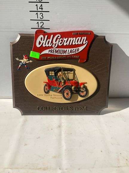 Old German Premium Lager Plaque Featuring 1910 Stanley Steamer