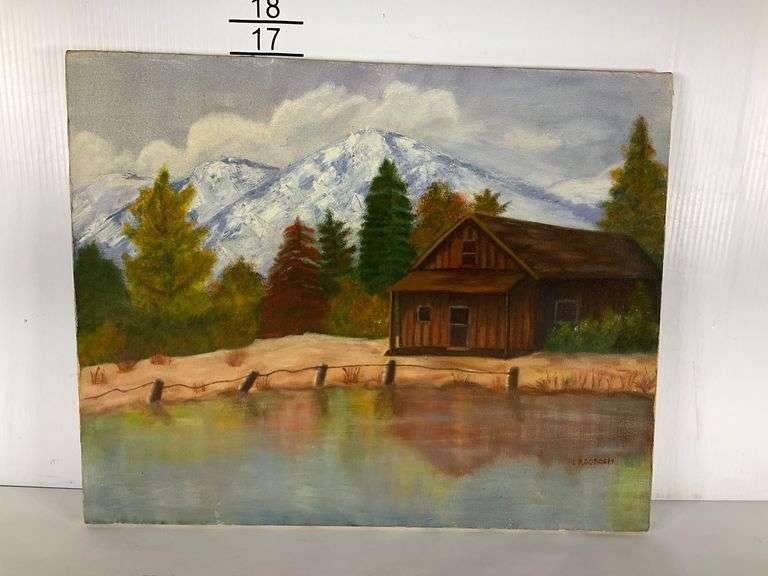 Oil Painting on Canvas Depicting a Cabin by a Mountain Lake, Signed ‘L ...