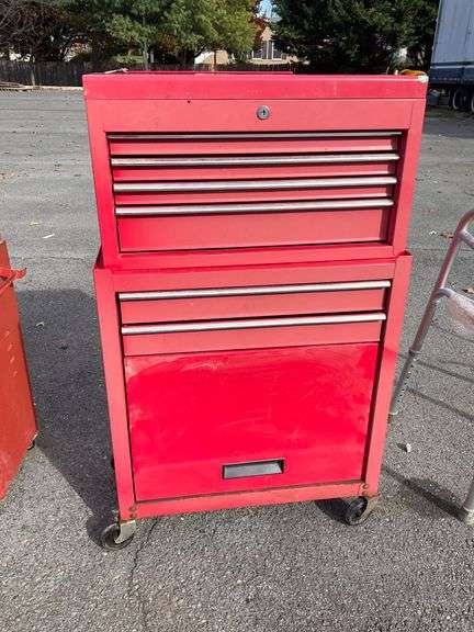 Red Metal Rolling Tool Chest with Multiple Drawers and Upper Storage Compartment