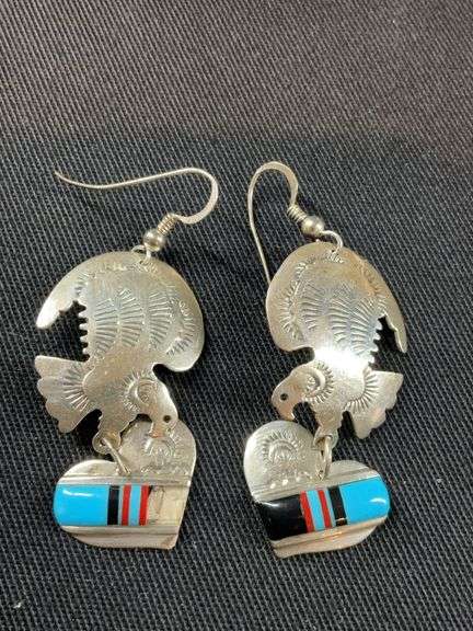 Turquoise Inlay Eagle Southwestern sterling silver and turquoise inlay eagle dangle earrings ...