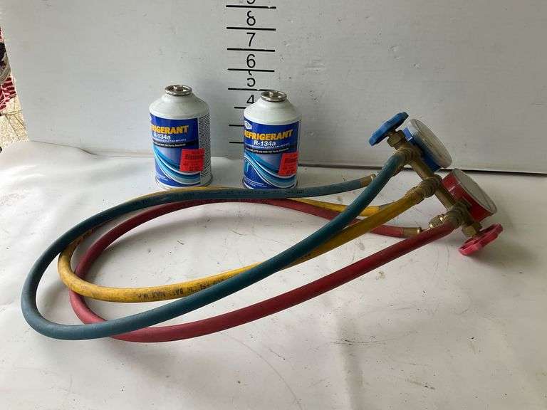 Refrigerant R-134a Cans and Imperial Eastman Manifold Gauge Set