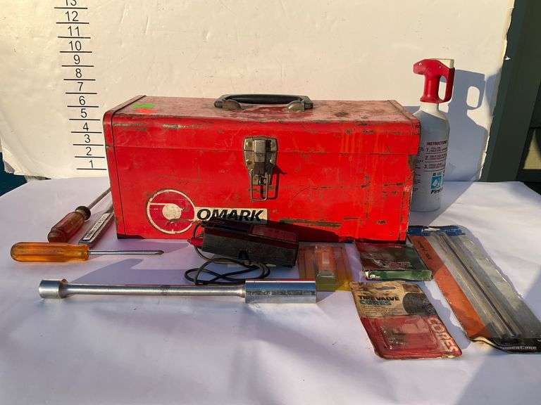 Red Omark Metal Toolbox with Assorted Hand Tools and Accessories