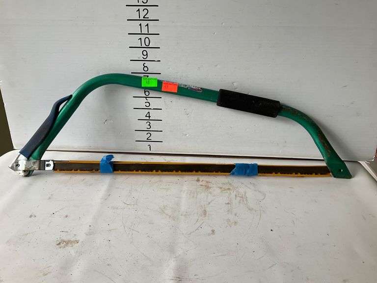 Metal Frame Bow Saw with Green Handle and Blade Cover