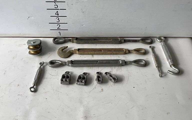 Metal Rigging Hardware Including Turnbuckles, Shackles, and Pulleys