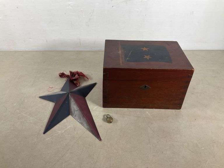 Wood Box with Painted Flag Design, Metal Star Ornament, and Mini Brass ...