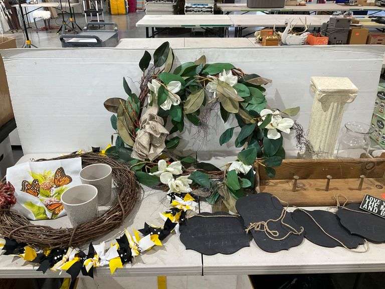 Assorted Home Decor Items Including Floral Wreaths, Chalkboard Signs ...