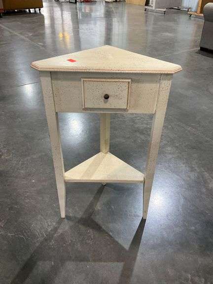 Triangular End Table with Single Drawer and Lower Shelf - Hash Auctions
