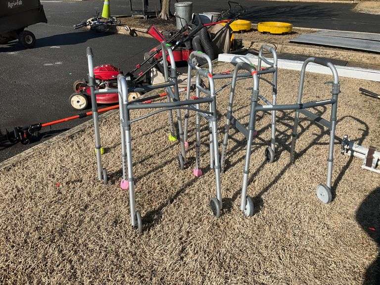 Four Adjustable Aluminum Medical Walkers with Two Wheels and Tennis Ball Tips