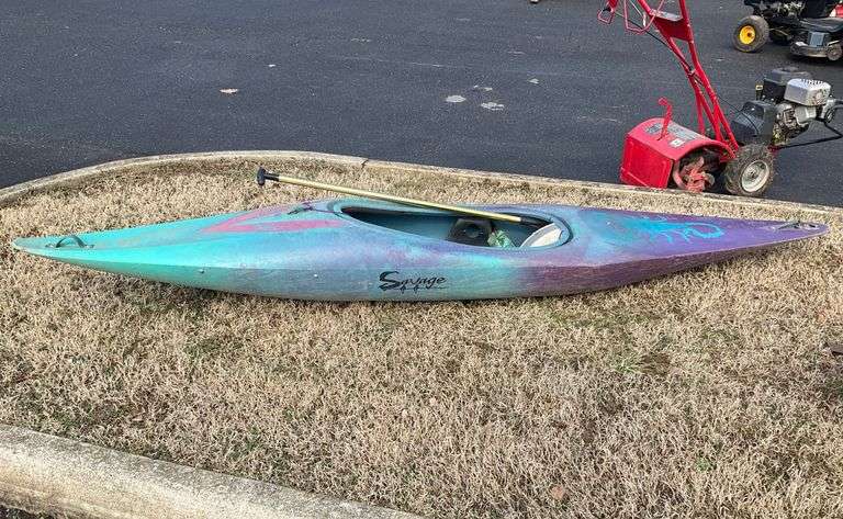 9’L Blue and Purple Fiberglass Kayak with Paddle