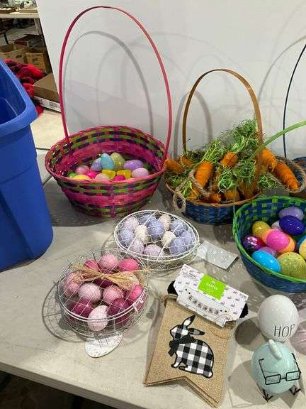 Assorted Easter Decorations and Accessories Including Baskets, Eggs, and More