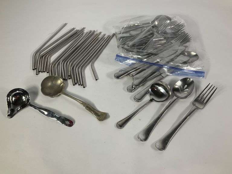 Assorted Stainless Steel Flatware and Straws with Serving Utensils ...