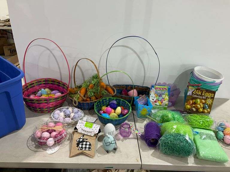 Assorted Easter Decorations and Accessories Including Baskets, Eggs, and More