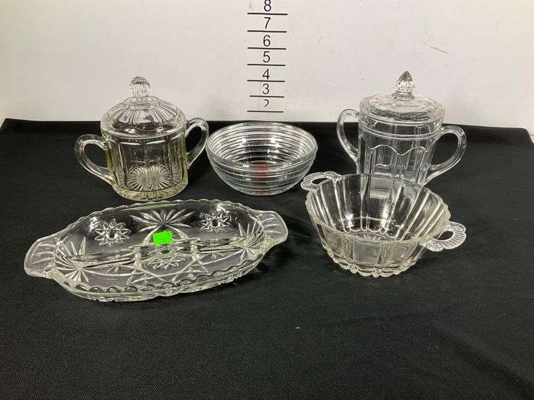Assorted Pressed Glass Tableware, Including Bowls and Lidded Containers