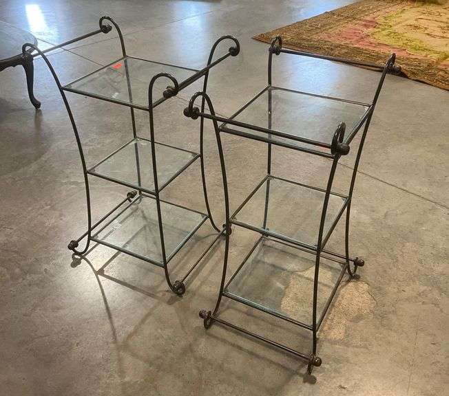 Pair of Iron and Glass Three-Tier Shelving Units, 32” Tall Each