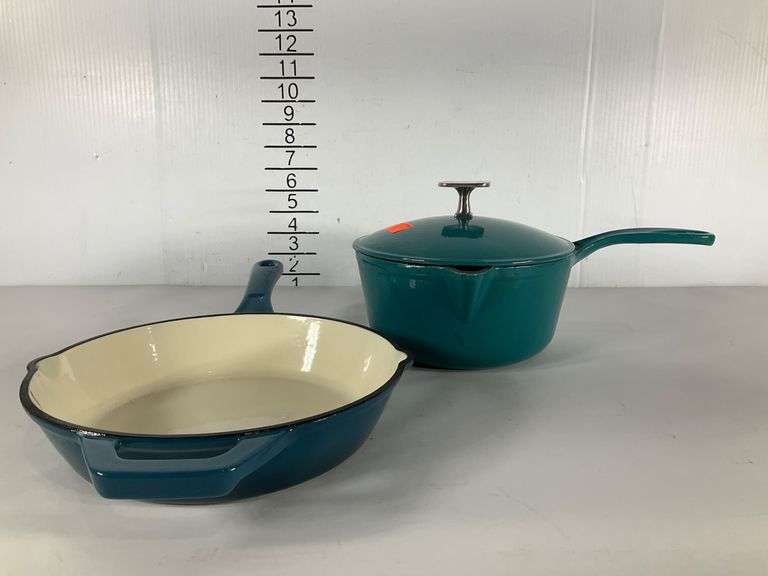 Member’s Mark Enamel-Coated Cast Skillet and Covered Saucepan - Hash ...