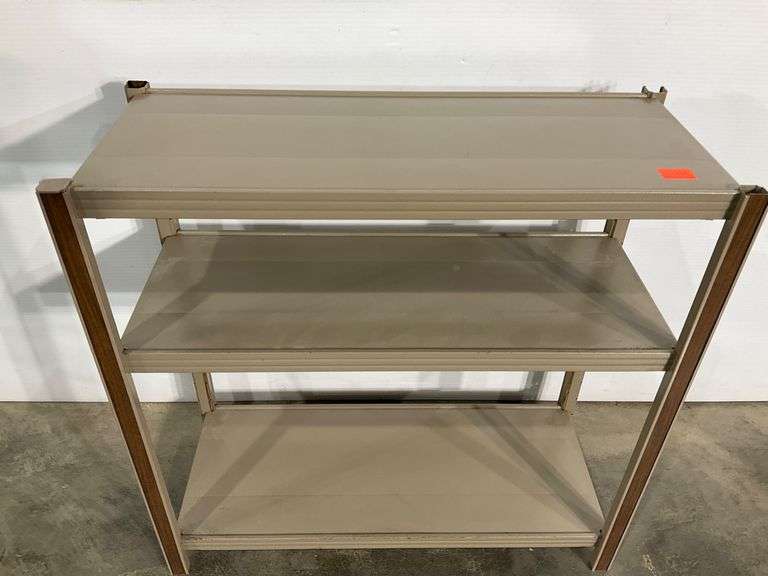 Three-Tier Metal Shelf Unit with Brown Side Supports, 24in Tall