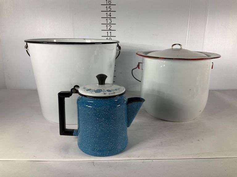 Set of Two White Enamel Buckets with Handles and One Blue Enamel Teapot