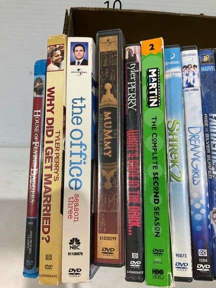 Collection of 22 DVD Movies and TV Shows in Cardboard Box