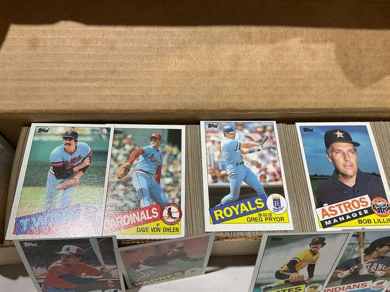 Collection of 1980s Baseball Cards in Cardboard Storage Box