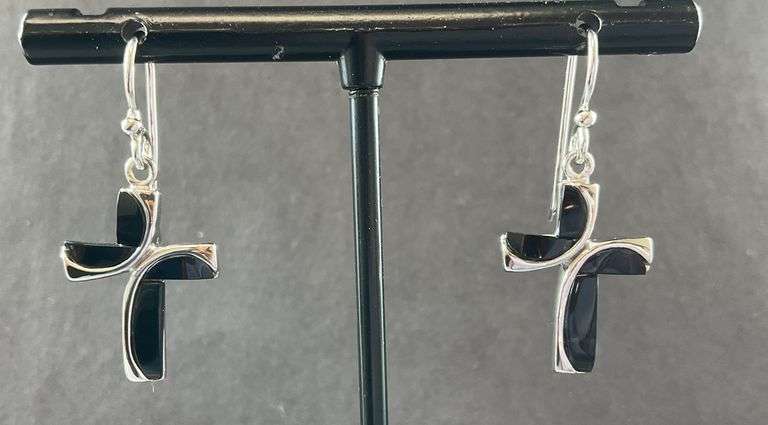 Stamped Cross Earrings with Onyx