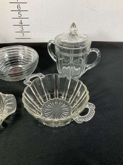 Assorted Pressed Glass Tableware, Including Bowls and Lidded Containers
