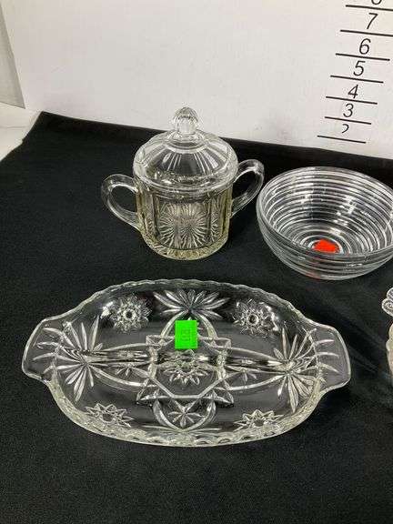 Assorted Pressed Glass Tableware, Including Bowls and Lidded Containers