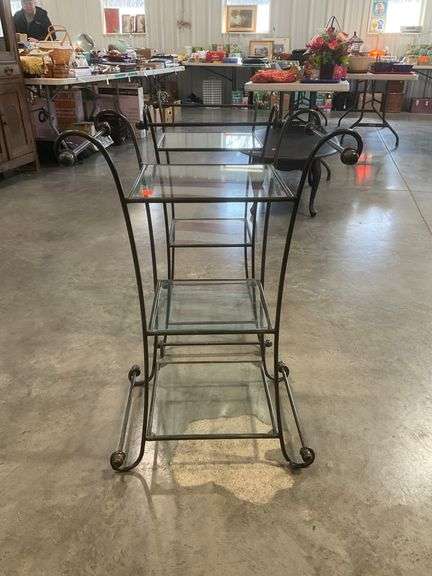 Pair of Iron and Glass Three-Tier Shelving Units, 32” Tall Each