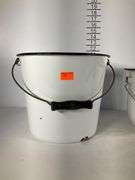 Set of Two White Enamel Buckets with Handles and One Blue Enamel Teapot