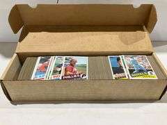 Collection of 1980s Baseball Cards in Cardboard Storage Box