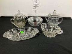 Assorted Pressed Glass Tableware, Including Bowls and Lidded Containers