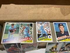 Collection of 1980s Baseball Cards in Cardboard Storage Box