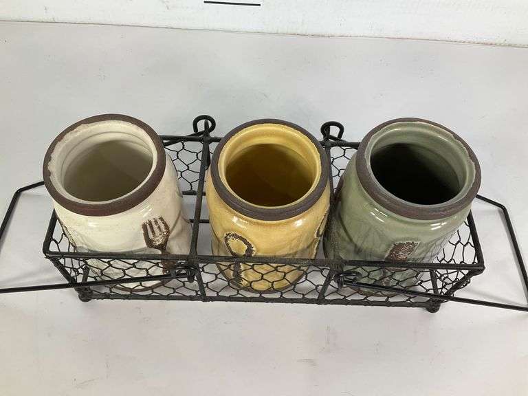 Set of Three Ceramic Jars with Metal Wire Holder