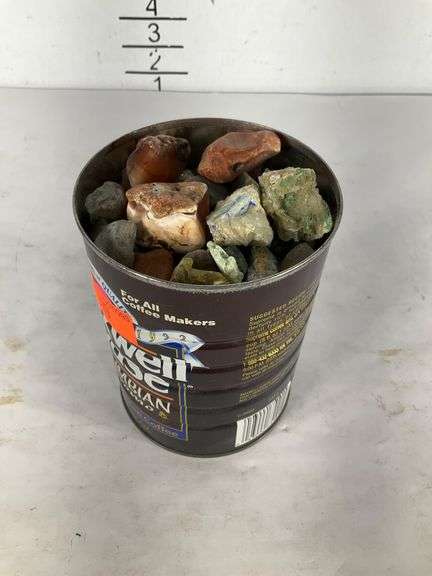 Small Rocks And Metal Collection of Assorted Rocks and Minerals in Metal Can - Hash Auctions