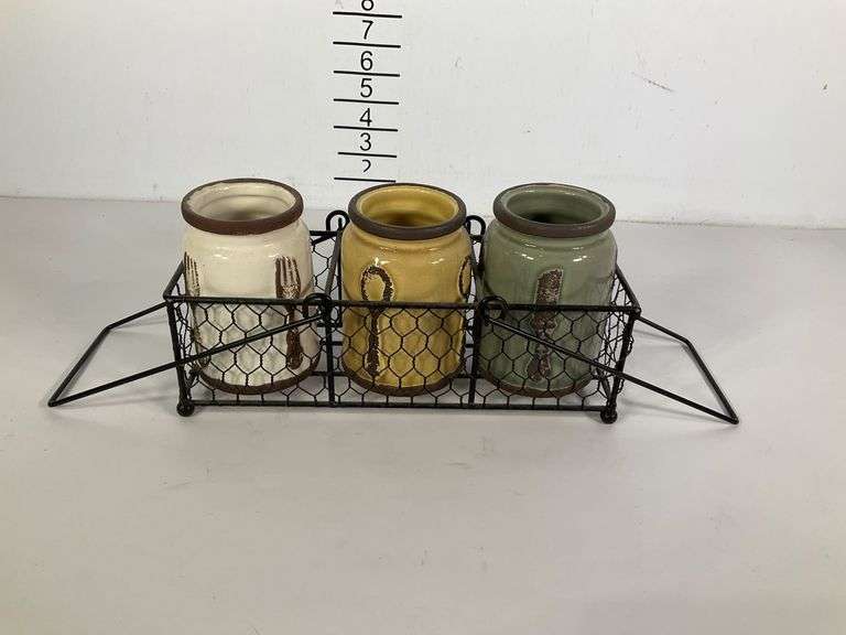 Set of Three Ceramic Jars with Metal Wire Holder