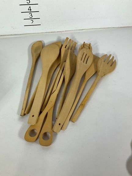 Assorted Kitchen Items, Including Ceramic Egg Dish, Wood Utensils, and Metal Accessories
