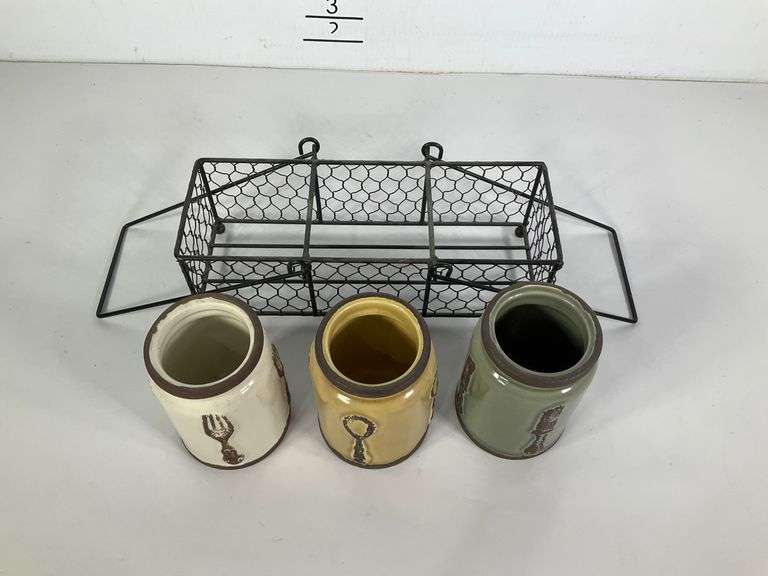 Set of Three Ceramic Jars with Metal Wire Holder