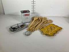 Assorted Kitchen Items, Including Ceramic Egg Dish, Wood Utensils, and Metal Accessories