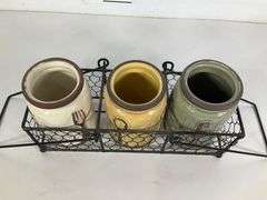 Set of Three Ceramic Jars with Metal Wire Holder
