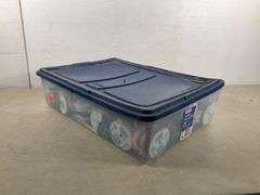 Plastic Storage Bin Containing Assorted Ribbon Spools
