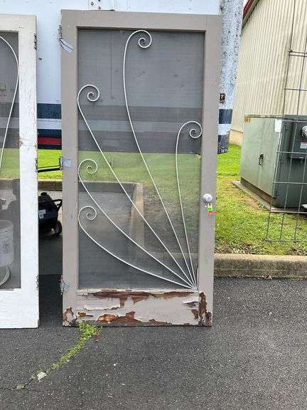 Wooden Framed Screen Door with Metal Design, 84”Hx42”W